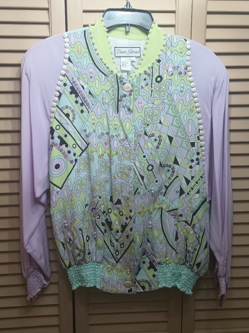 Vintage Diane Gilman Faux Pearl, Sequin and Button Embellished Silk Blouse 1X